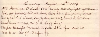 14 August 1879: SS Kangaroo remark book entry